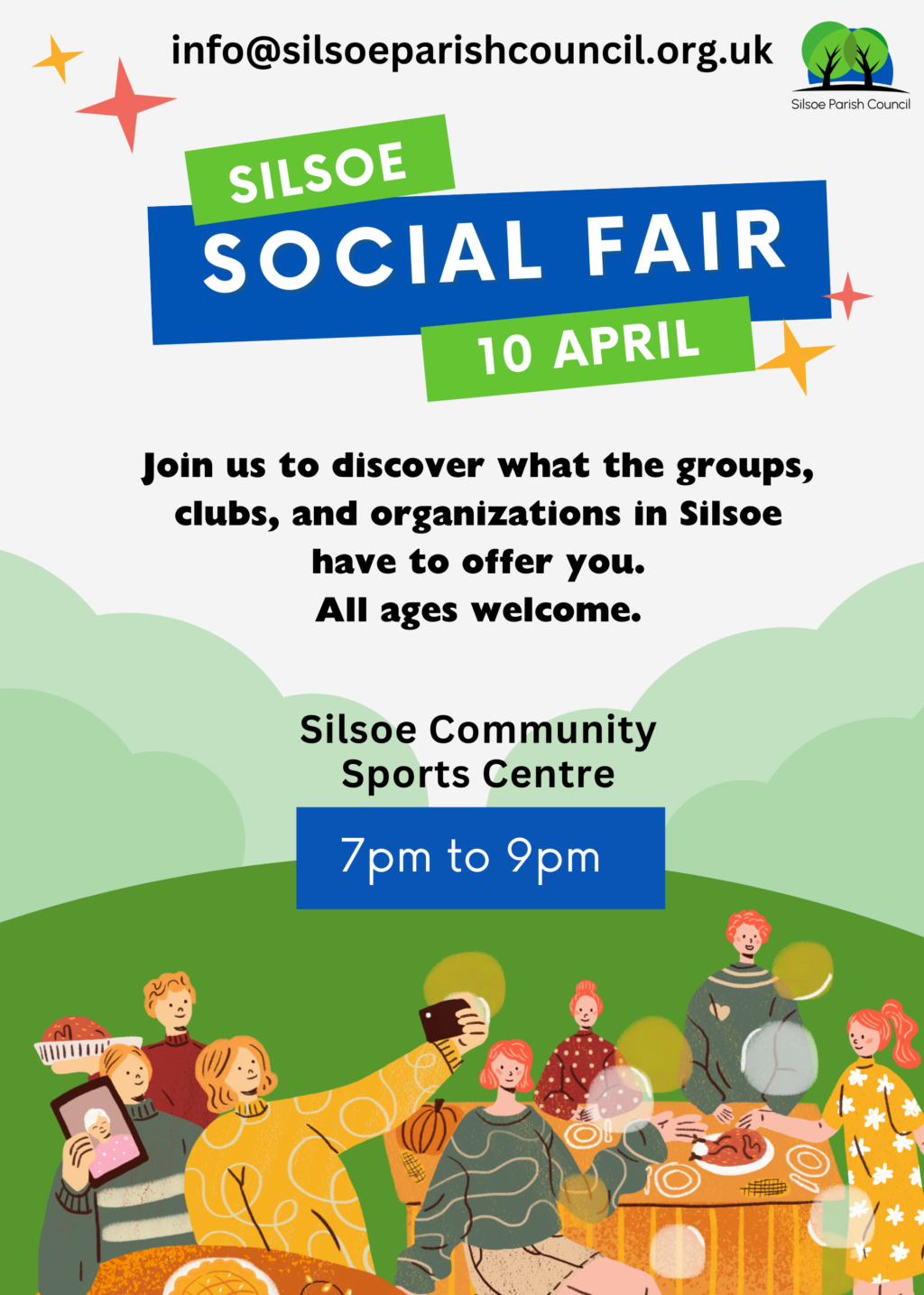Silsoe Social Fair poster 10th april, 7pm-9pm, Silsoe Community Centre
