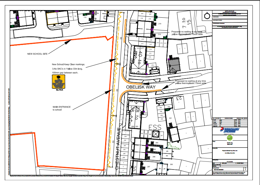 Local Map of Silsoe indicating proposed restrictions between Obelisk Way and Chestnut Avenue